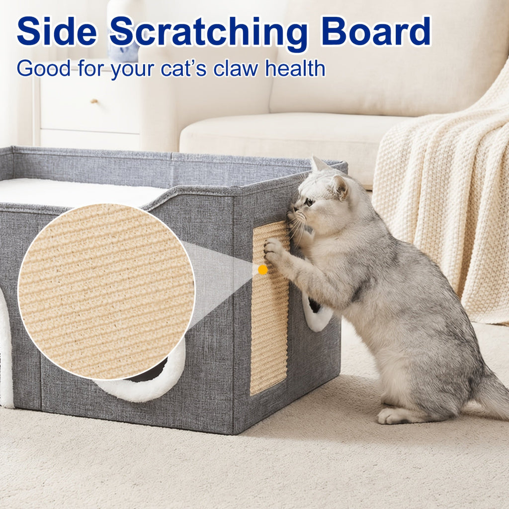 Foldable Cat House with Double-Layer Enclosed Bed and Sisal Scratching Feature, Grey Indoor Cat Hideaway with Multiple Openings for Small Spaces