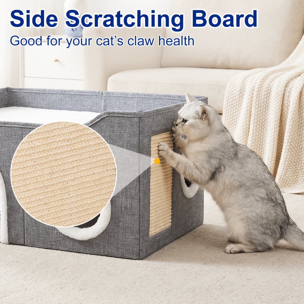 Foldable Cat House with Double-Layer Enclosed Bed and Sisal Scratching Feature, Grey Indoor Cat Hideaway with Multiple Openings for Small Spaces