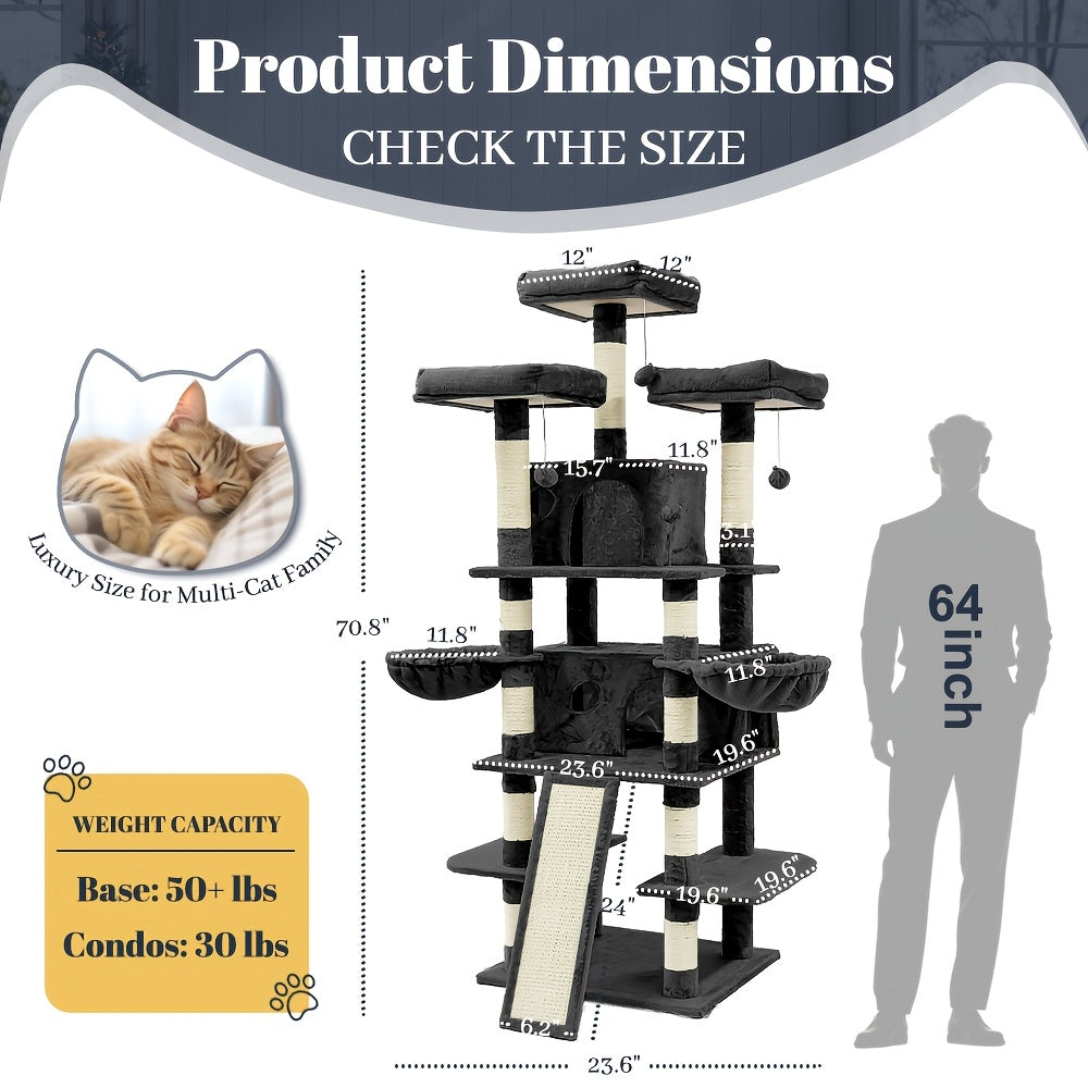 Cat Tree with Condo Retreat and Hammock, Multi-Level Indoor Cat Tower with Sisal Scratching Posts, Climbing Platforms and 44 Inch Model Options
