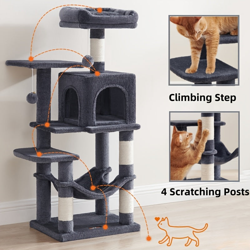 Multi-Level Cat Condo Tower with Cave and Plush Hammock, Sisal Scratching Features and Perches for Indoor Rest and Play, 44 66 or 79 Inch Options
