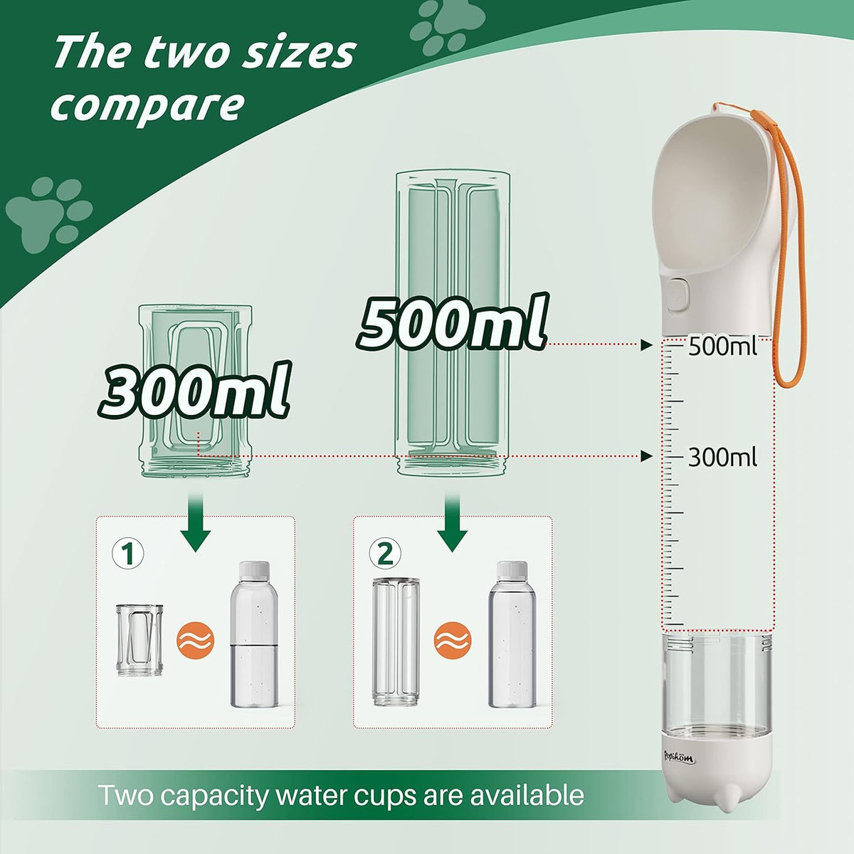 3-in-1 Dog Water Bottle with Food Container and Poop Bag Feature, Portable Pet Drinking Dispenser for Walks and Travel, 300ml or 500ml