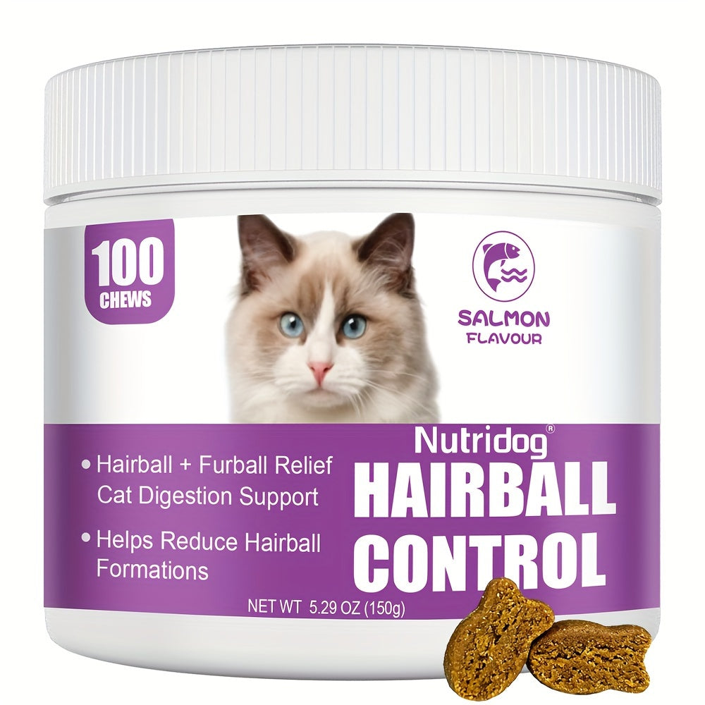 Cat Hairball Supplement Soft Chews, 100 Count Salmon Flavor Hairball Aid for Cats, Convenient Chew Format for Your Cat Care Routine