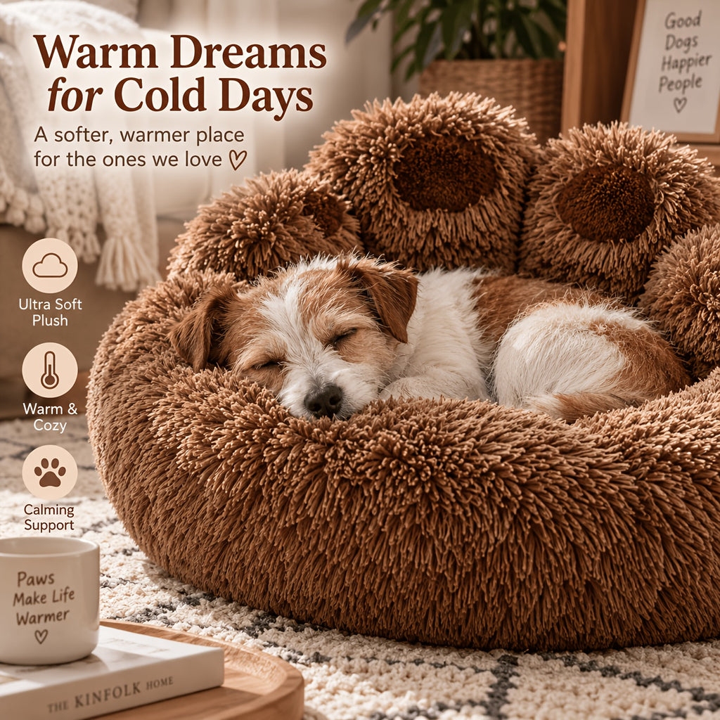 Plush Dog Bed with Bear Paw Shape, Soft Faux Fur Cat Sleeping Cushion with Non-Slip Bottom, Coffee Pink or Gray for Pets up to 30 lbs