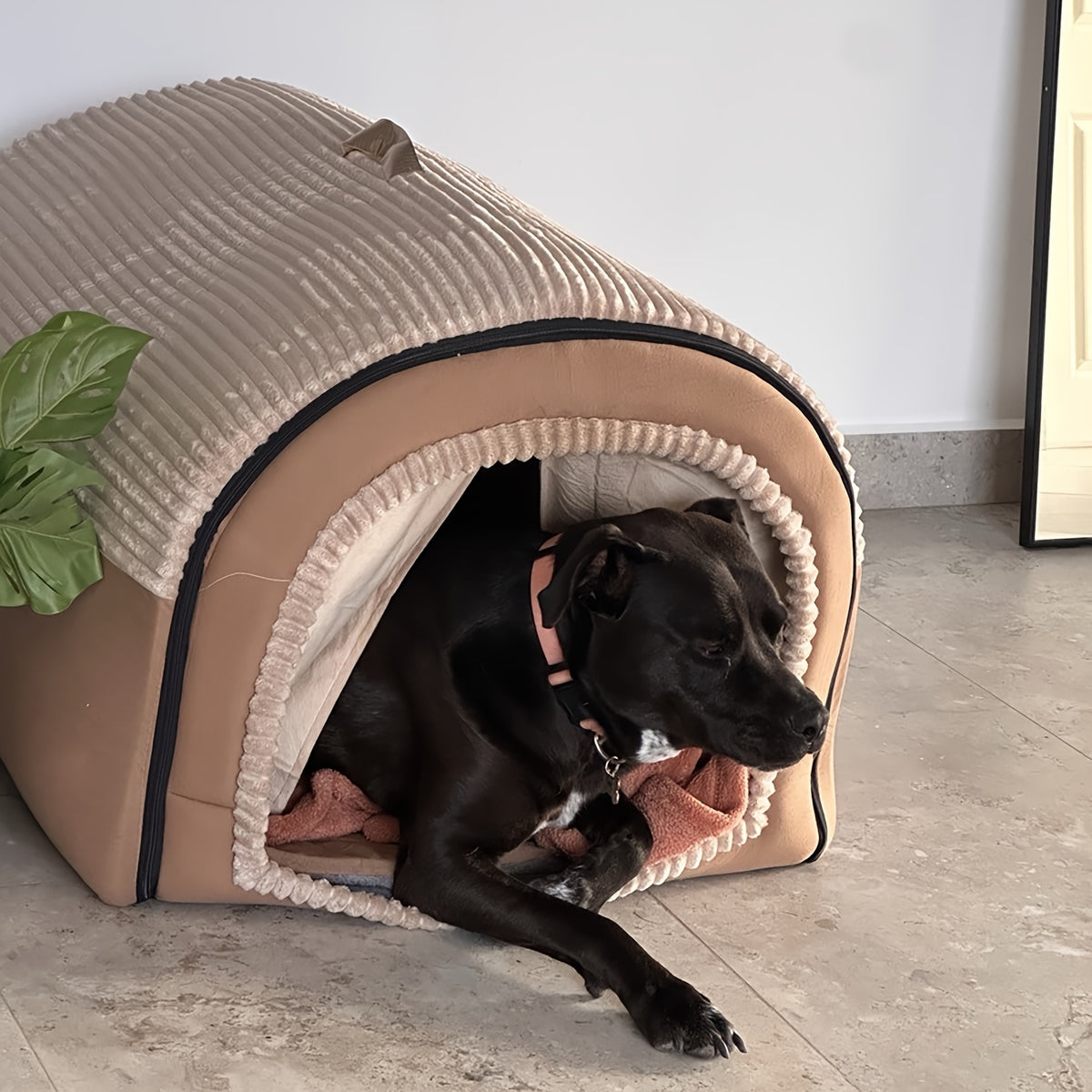 Foldable Indoor Dog House with Lid and Handle, 2-in-1 Brown Pet Tent Cave Bed with Soft Anti-Slip Washable Cushion for Dogs and Cats
