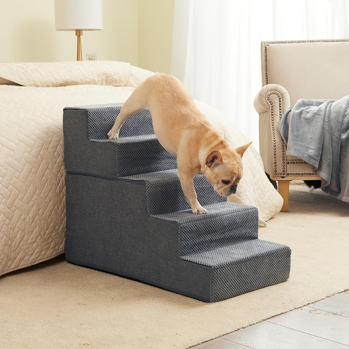High Bed Dog Stairs for Small Dogs and Cats, Gray Non-Slip Indoor Pet Steps in 4 or 5-Step Styles for Bedside Furniture Access