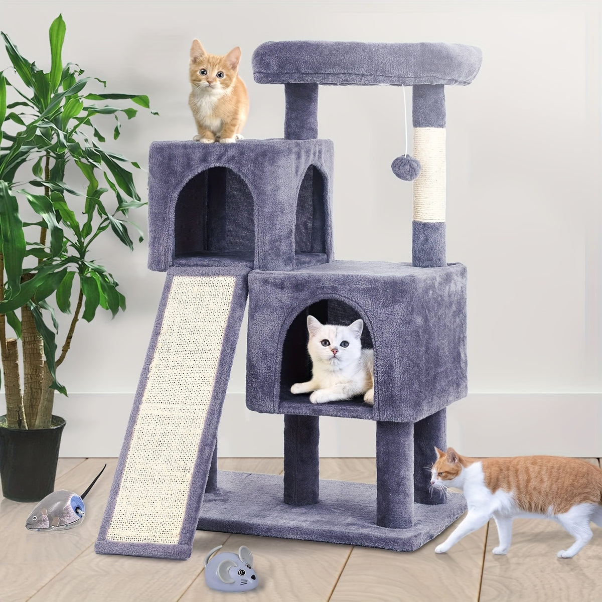 Cat Tree with Double Condos and Ramp, 36 Inch Plush Indoor Cat Tower with Top Perch, Sisal Scratching Posts and Dangling Ball, Three Colors
