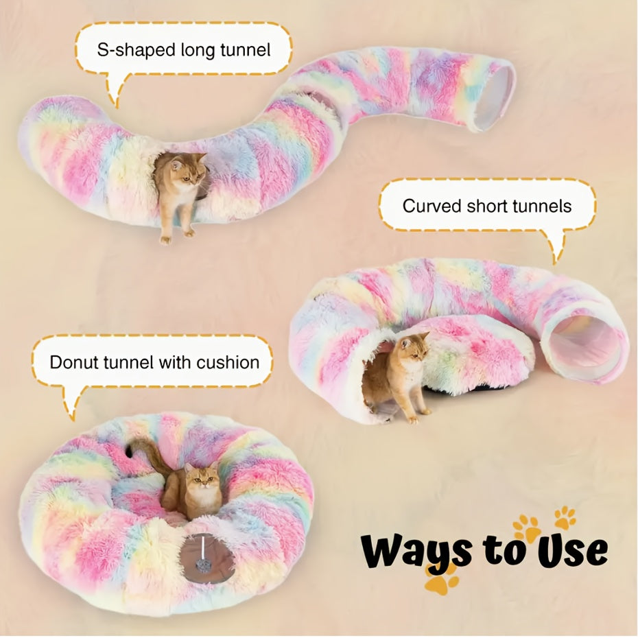 Cat Tunnel with Bed and Pet Scarf, Soft Plush Donut Hideaway with Peekaboo Opening for Indoor Cat Play and Rest, Four Color Options and Holiday Gift Idea