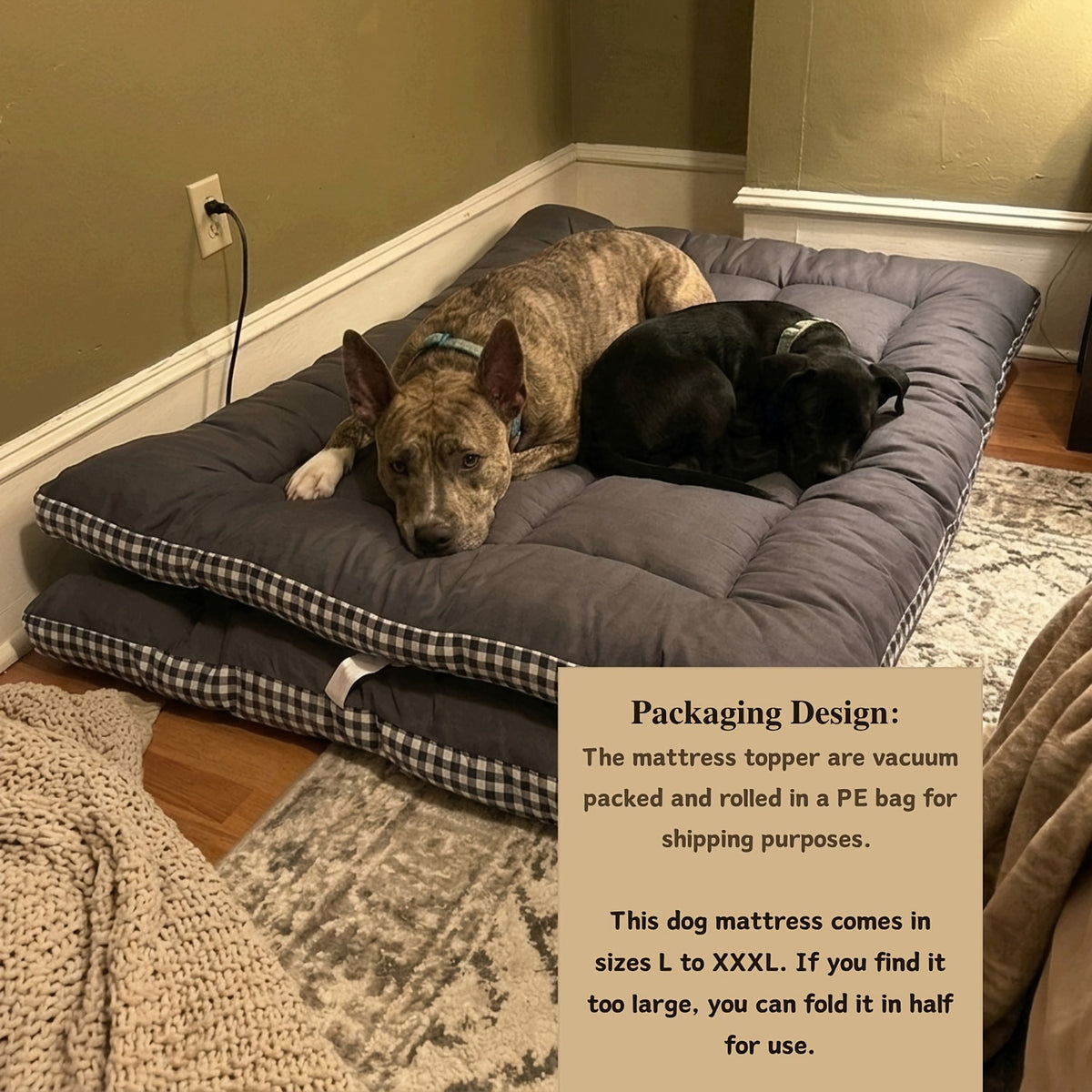 Dog Bed Mat Topper with Four Corner Straps, Rectangular Roll-Up Pet Mattress Pad for Large Dogs and Multi-Pet Homes, L to XXXL with Plush and Faux Fur Options