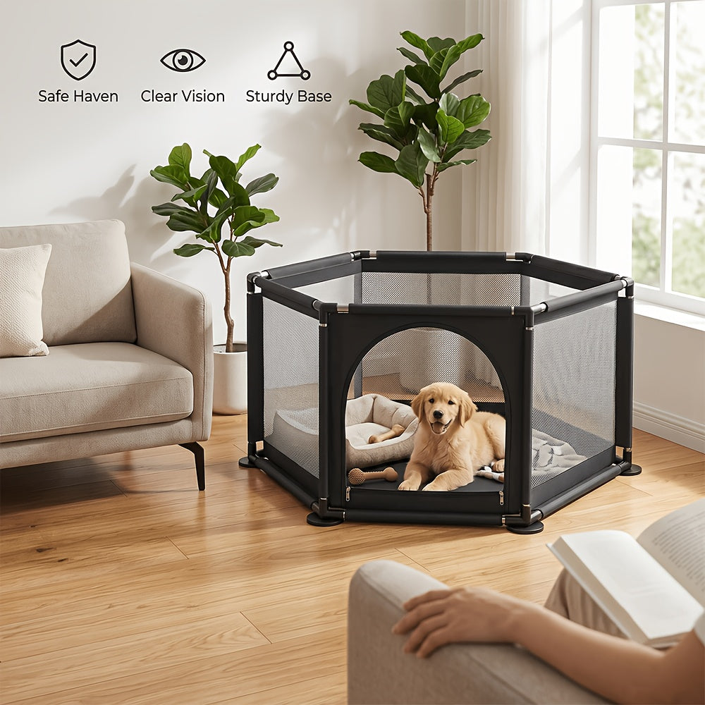 Fabric Dog Playpen with Door, Easy-Assembly Pet Enclosure in Gray or Black for Supervised Puppy Play, Daily Rest and Home Training Routines