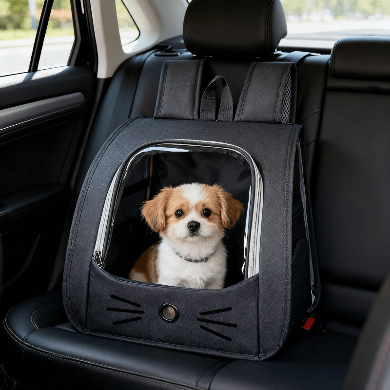 Cat-Face Pet Carrier Backpack with Clear Viewing Window, Collapsible Mesh-Sided Travel Bag for Cats and Small Dogs, Four Color Options
