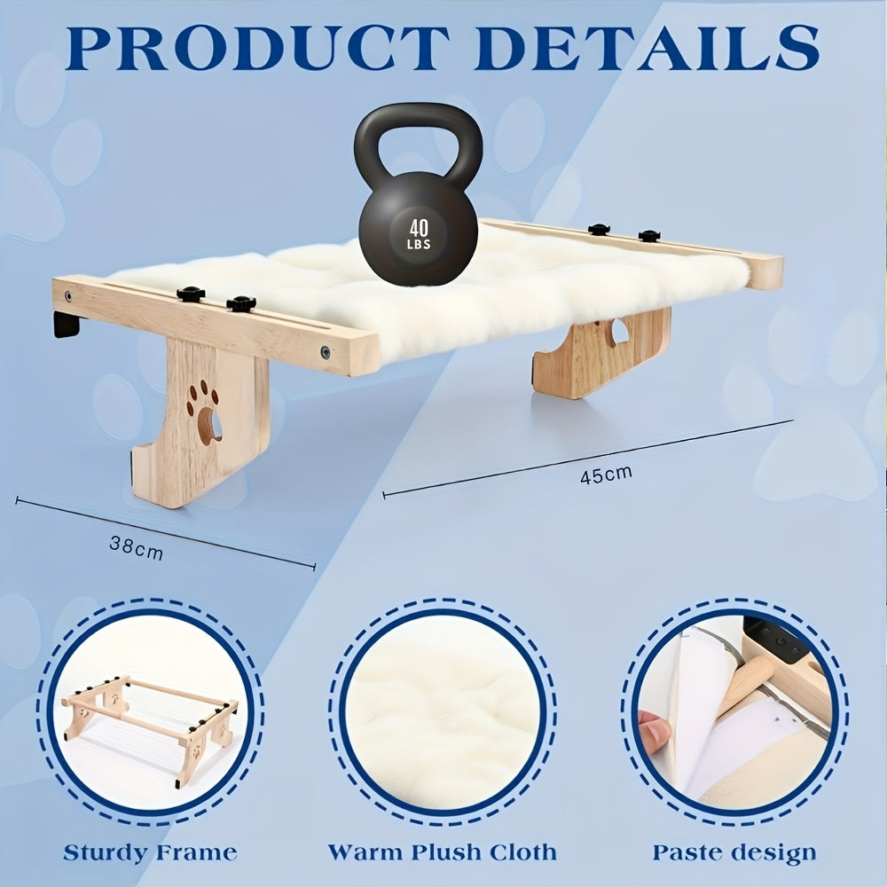 Wooden Cat Perch with Plush Pad, Wide Indoor Cat Hammock Platform for Compatible Window and Cabinet Locations, Optional Cool Mat Model