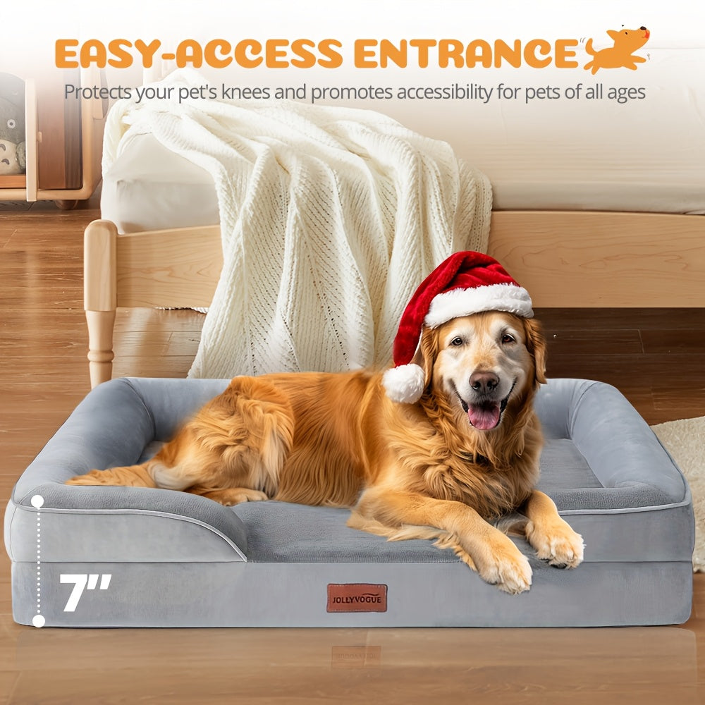 Four-Sided Bolster Dog Bed with Egg-Crate Foam, Grey Flannel Pet Sofa with Removable Washable Cover, Lowered Entry and Non-Skid Bottom, M to XXL