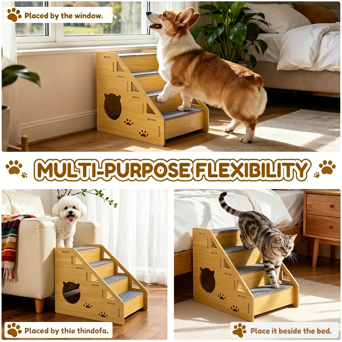 4-Step Dog Stairs for Small Dogs and Cats, Khaki Pet Steps with Non-Slip Treads and Paw Cutout Side Panels for Bed and Couch Access