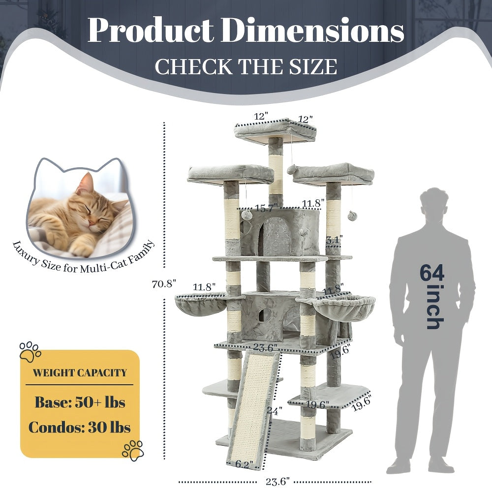 Cat Tree with Condo Retreat and Hammock, Multi-Level Indoor Cat Tower with Sisal Scratching Posts, Climbing Platforms and 44 Inch Model Options