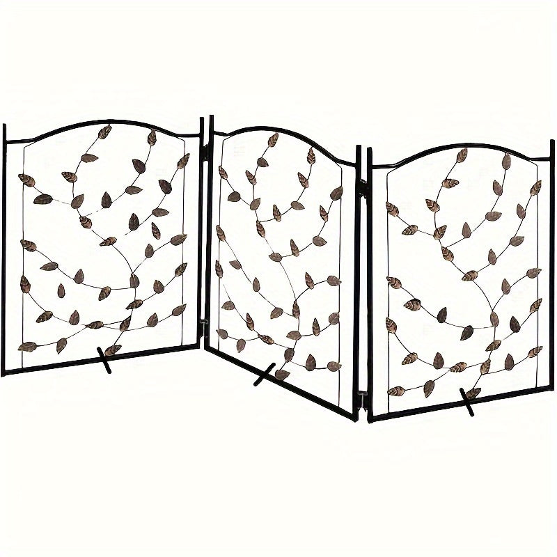 Freestanding Metal Dog Gate, 52 x 24 Inch Foldable 3-Panel Pet Barrier with Decorative Leaf Design for Indoor Doorways and Hallways