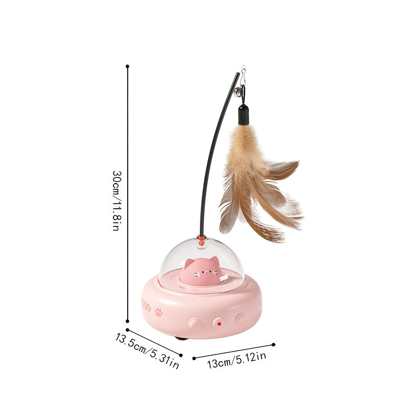 Automatic UFO Cat Toy, 3-in-1 USB Rechargeable Moving Toy with Built-In Laser and Detachable Feather Wand for Indoor Cats and Kittens