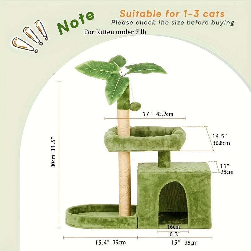 Cat Tree with Green Leaf Design, Indoor Cat Condo with Cozy Plush Resting Area, Hanging Ball and Sisal Scratching Post for Everyday Play
