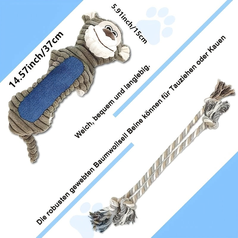 Squeaky Rope Dog Toy with Knotted Pull Loops, Soft Plush Animal Styles for Supervised Gentle Tug Games, Indoor Interactive Play and Dog Birthday Gifts