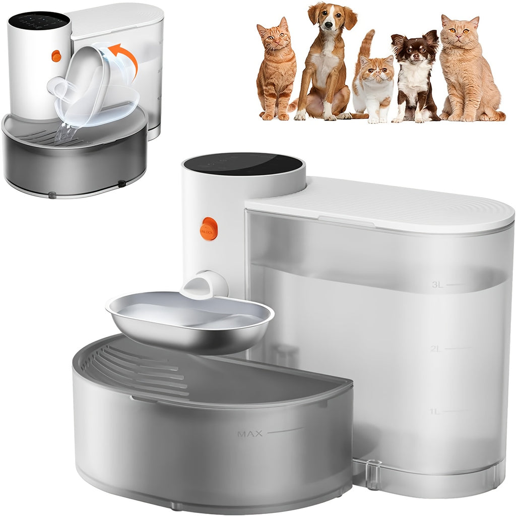 Filterless Cat Water Fountain 3L with Dual Tanks, Rechargeable Automatic Tilting Stainless Steel Bowl and Adjustable Refresh Intervals for Cats and Small Dogs