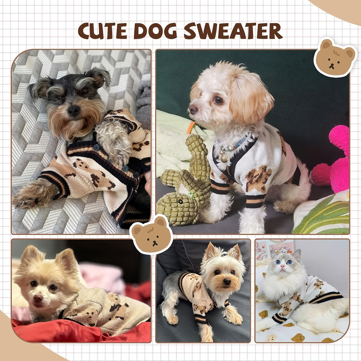 Bear Print Dog Cardigan Sweater with Button Closure, Beige Knit Pet Outfit with Contrast Ribbed Trim and Short Sleeves in M, L and XL Sizes