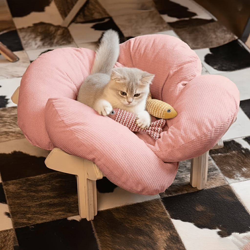 Pink Wooden Cat Lounge Bed with Soft Cushion, Elevated Indoor Pet Sofa Chair in Pink + Two Linen Fish Style for Cat Naps and Cozy Home Lounging
