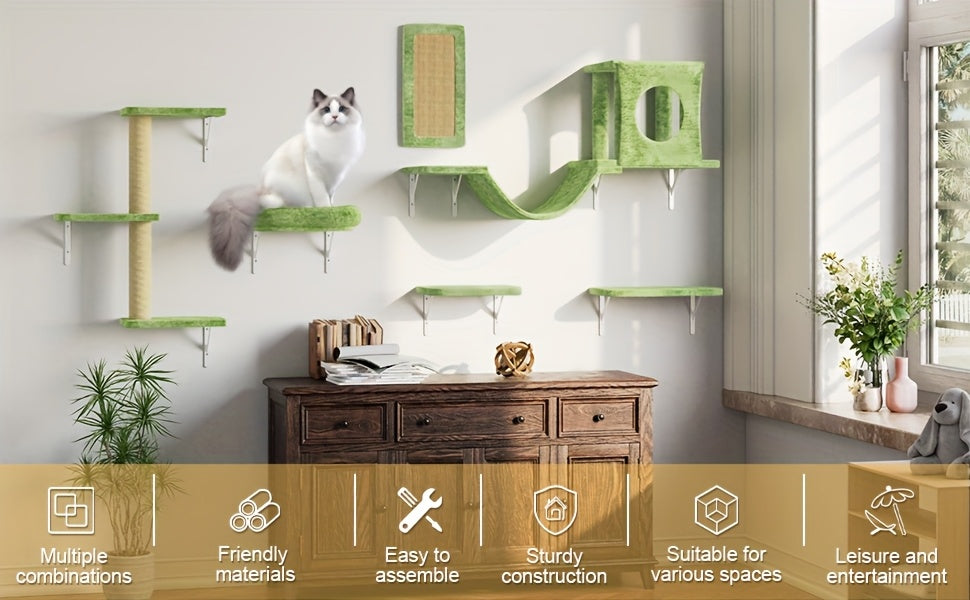 Cat Wall Climbing Shelves with Condo, 6-Piece Wall-Mounted Furniture Set with Scratching Post, Bridge Ladder and Board for Small and Medium Indoor Cats