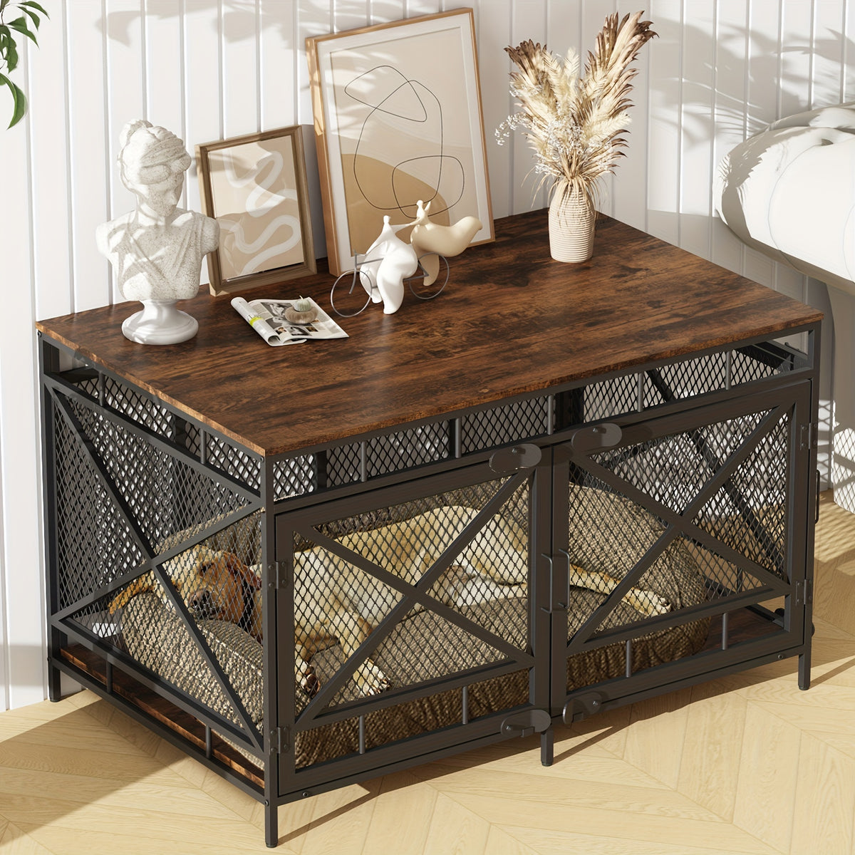 Dog Crate Furniture with Wooden Top, Heavy Duty Corner Dog Kennel with Double Doors and High-Density Metal Mesh, Indoor End Table Crate for Medium and Large Dogs, Vintage