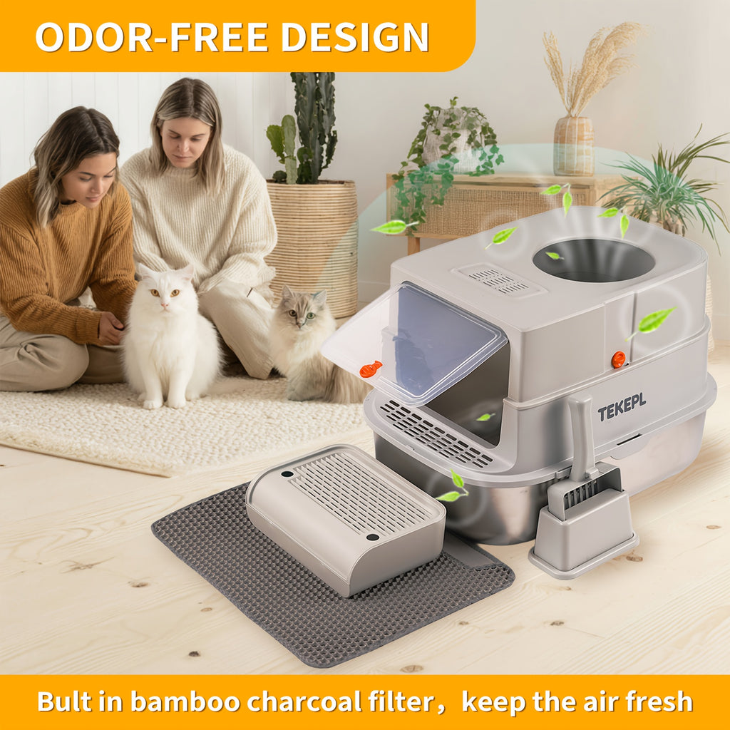 Modular Stainless Steel Cat Litter Box with Lid, Extra Large High-Sided Enclosed or Semi-Open Cat Toilet with Step, Mat and Scoop
