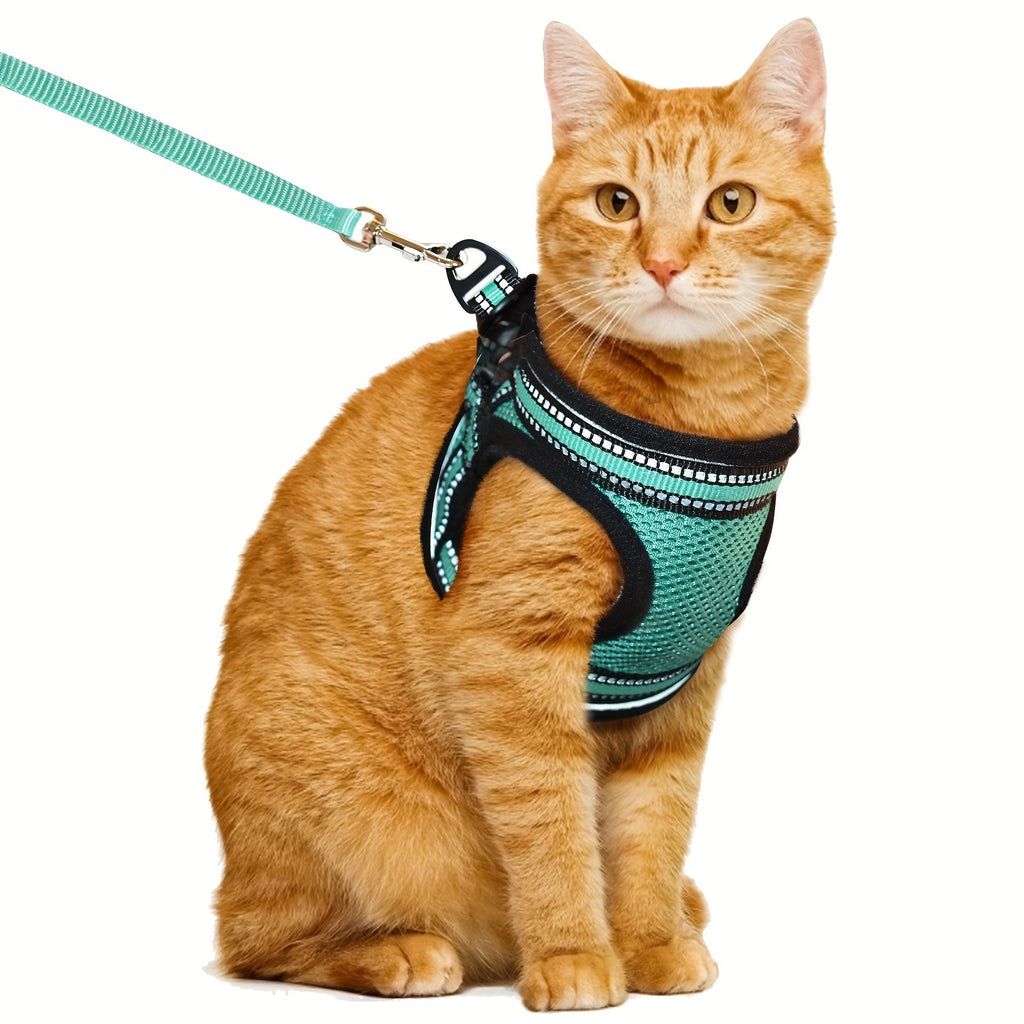 Cat Harness and Leash Set with Reflective Strip, Adjustable Soft Vest for Supervised Kitten and Cat Walks, S or M in Five Color Options