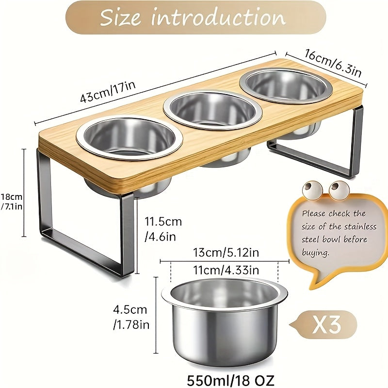 Cat Feeding Station with 3 Stainless Steel Bowls, 15° Tilted Elevated Wooden Rack for Indoor Cat Food and Water, Easy-Clean Dining Set