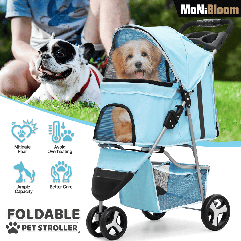 Three-Wheel Dog Stroller with Weather Cover, Foldable Mesh Pet Pushchair for Small Dogs and Cats, Storage Basket, Cup Holder and 10 Style Options
