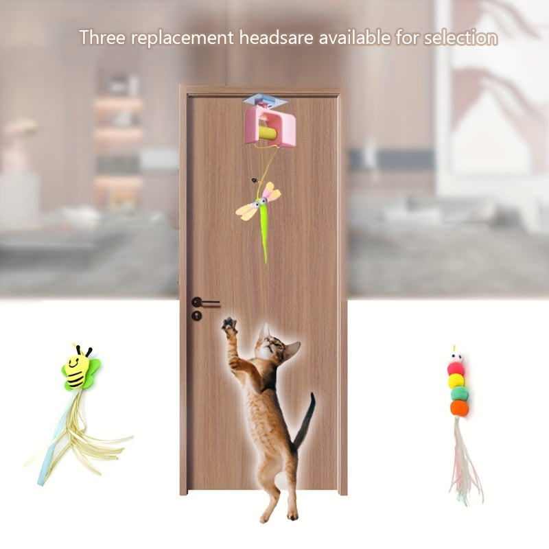 Automatic Hanging Cat Toy with Touch-Activated Retractable Tail, Blue Door or Wall Play Toy with Two Replacement Tails for Supervised Indoor Fun
