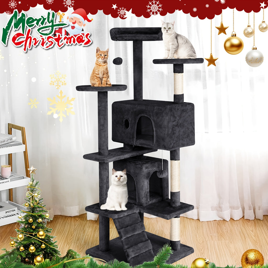 Cat Tree 54 Inch in Dark Gray, Multi-Level Indoor Cat Tower with Scratching Posts, Condo Hideaway and Play Toys for Climbing, Rest and Daily Activity