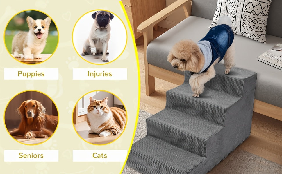 Foam Dog Stairs for Small Dogs, 5-Step Pet Steps with Supportive Board and Non-Slip Removable Washable Cover in Grey or Navy for Home Use
