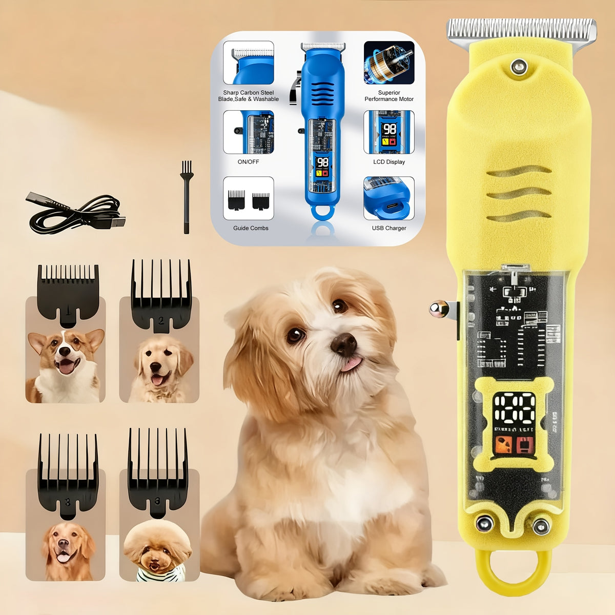 Pet Hair Trimmer Cordless Rechargeable, Low-Noise Electric Dog Clippers with 4 Limit Combs, LED Battery Display and Sharp Blades for Small and Large Dogs and Cats, Blue or Yellow