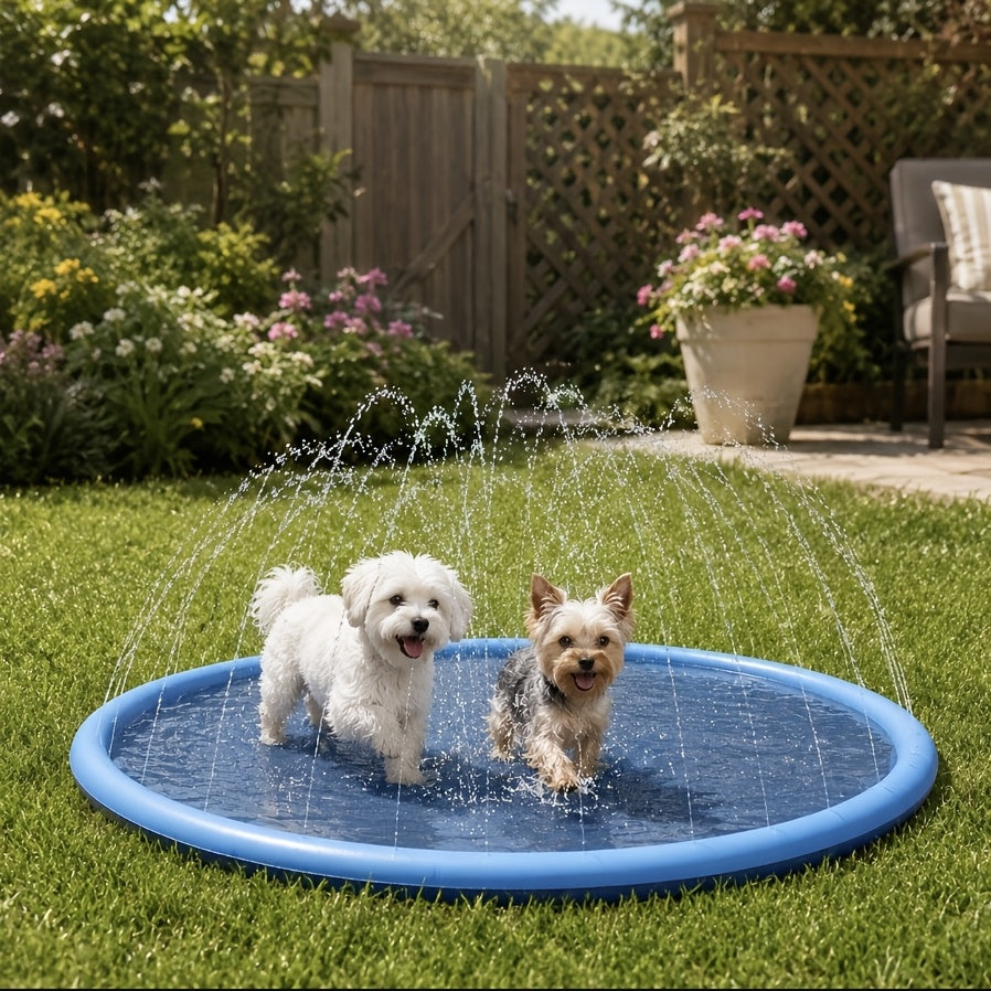Dog Splash Pad Water Spray Mat, 39.37-Inch Round Foldable Blue Pet Play Mat for Supervised Summer Backyard Fun and Small Dog Bathing