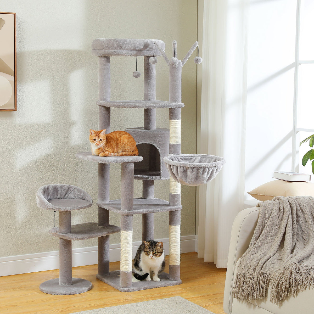 Cat Tree with Twin Perches and Large Hammock, Multi-Level Indoor Cat Tower with Condo Hideaway, Sisal Scratching Posts and Cactus Green Color Option