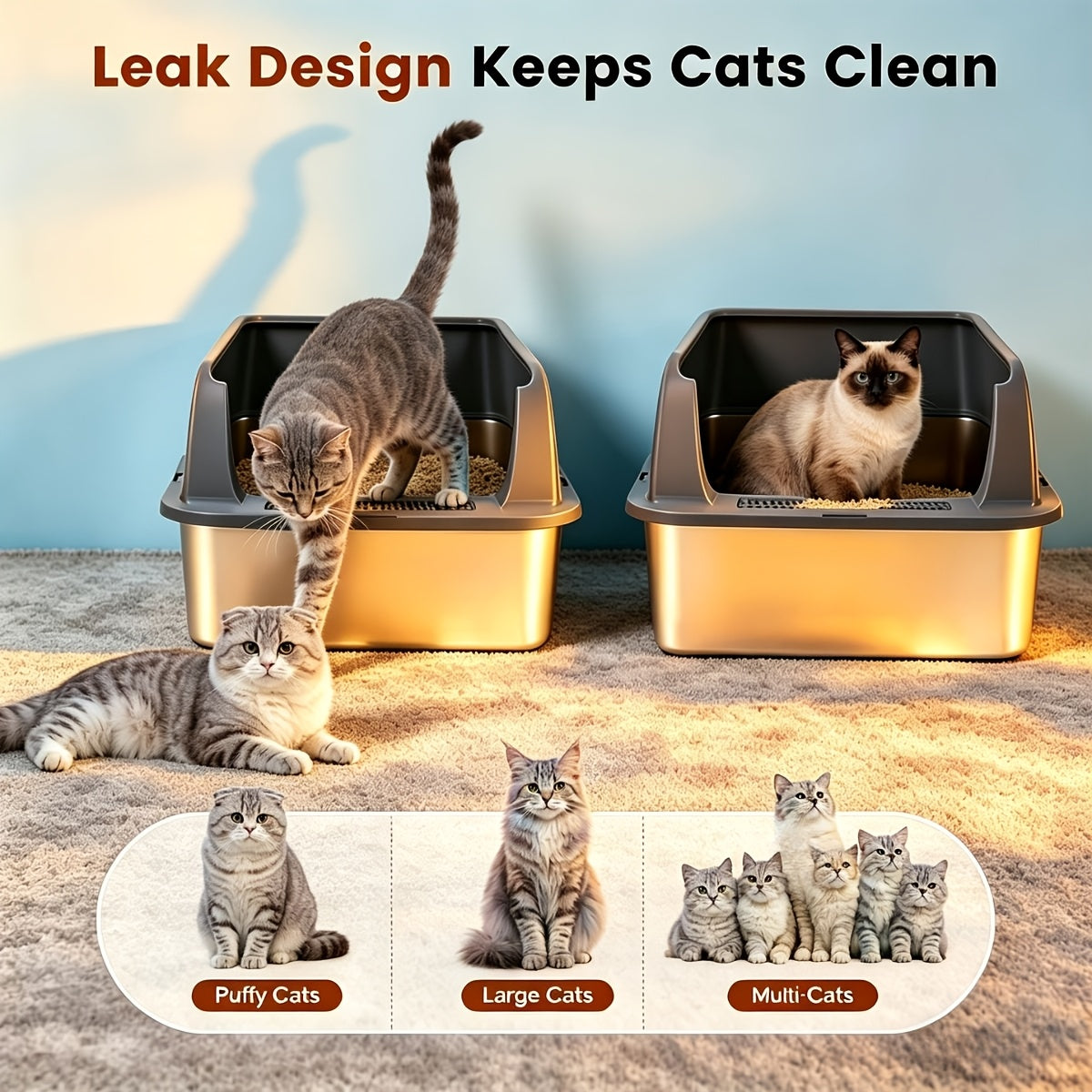 Stainless Steel Litter Box 2 Pack with High-Sided Open-Top Covers and Scoops, Easy-Clean Metal Cat Litter Pans in L or XL for Indoor Cat Care