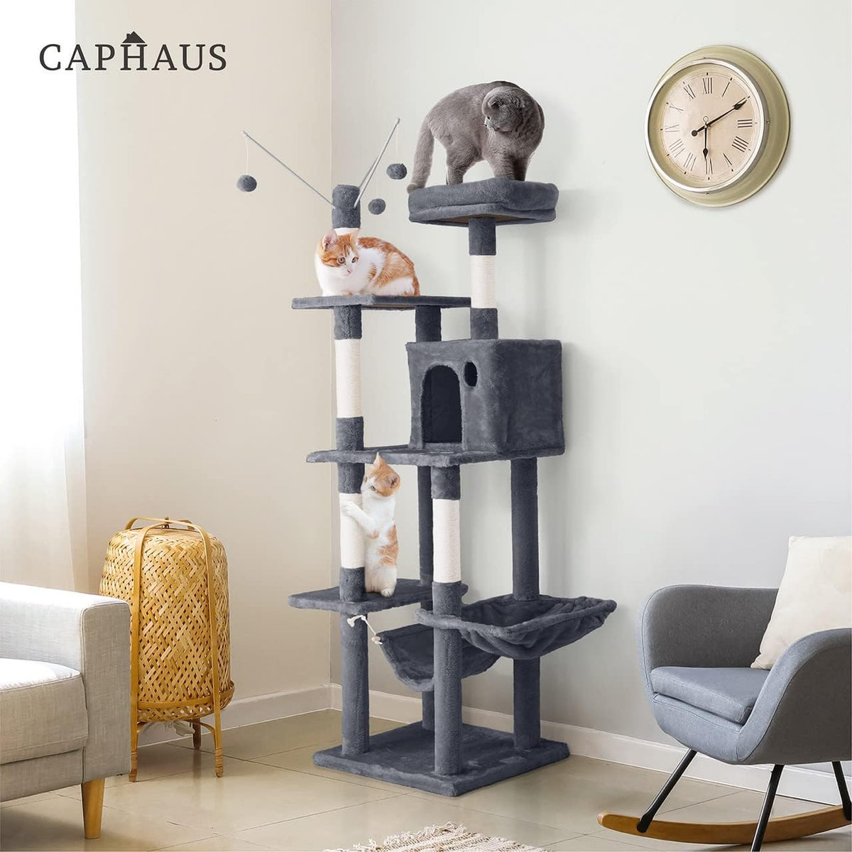 Tall Cat Tree 70 Inch for Indoor Cats, Multi-Level Climbing Tower with Top Perch, Hammock, Cave Condo and Scratching Posts in Three Colors