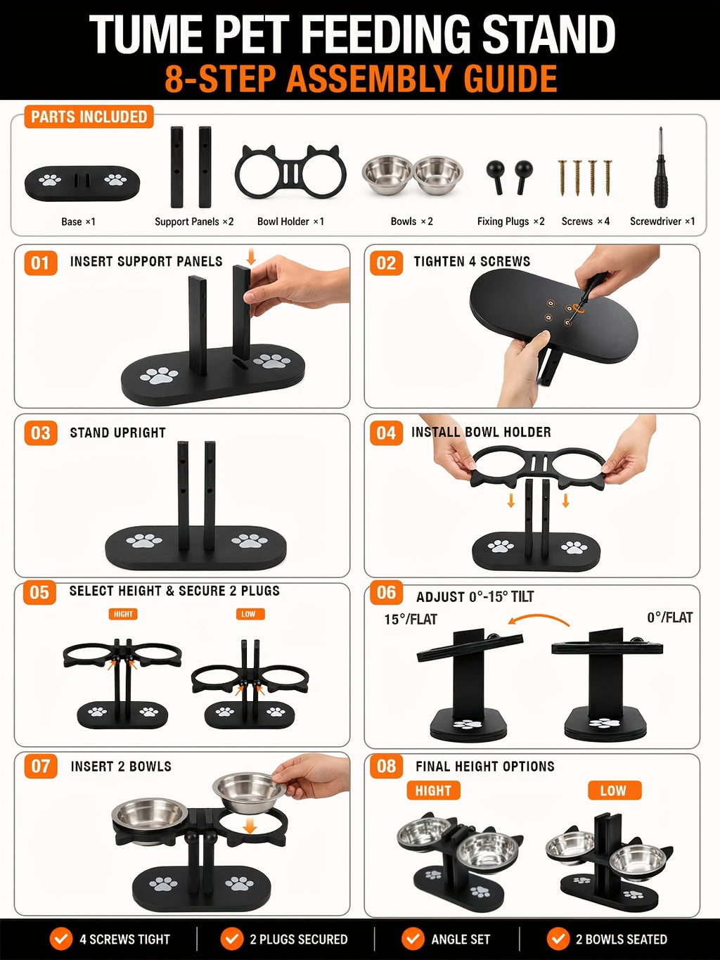 Double Cat Bowl Stand with Two Stainless Steel Dishes, 15 Degree Tilted Adjustable Black Wooden Feeder for Cat and Small Dog Food and Water