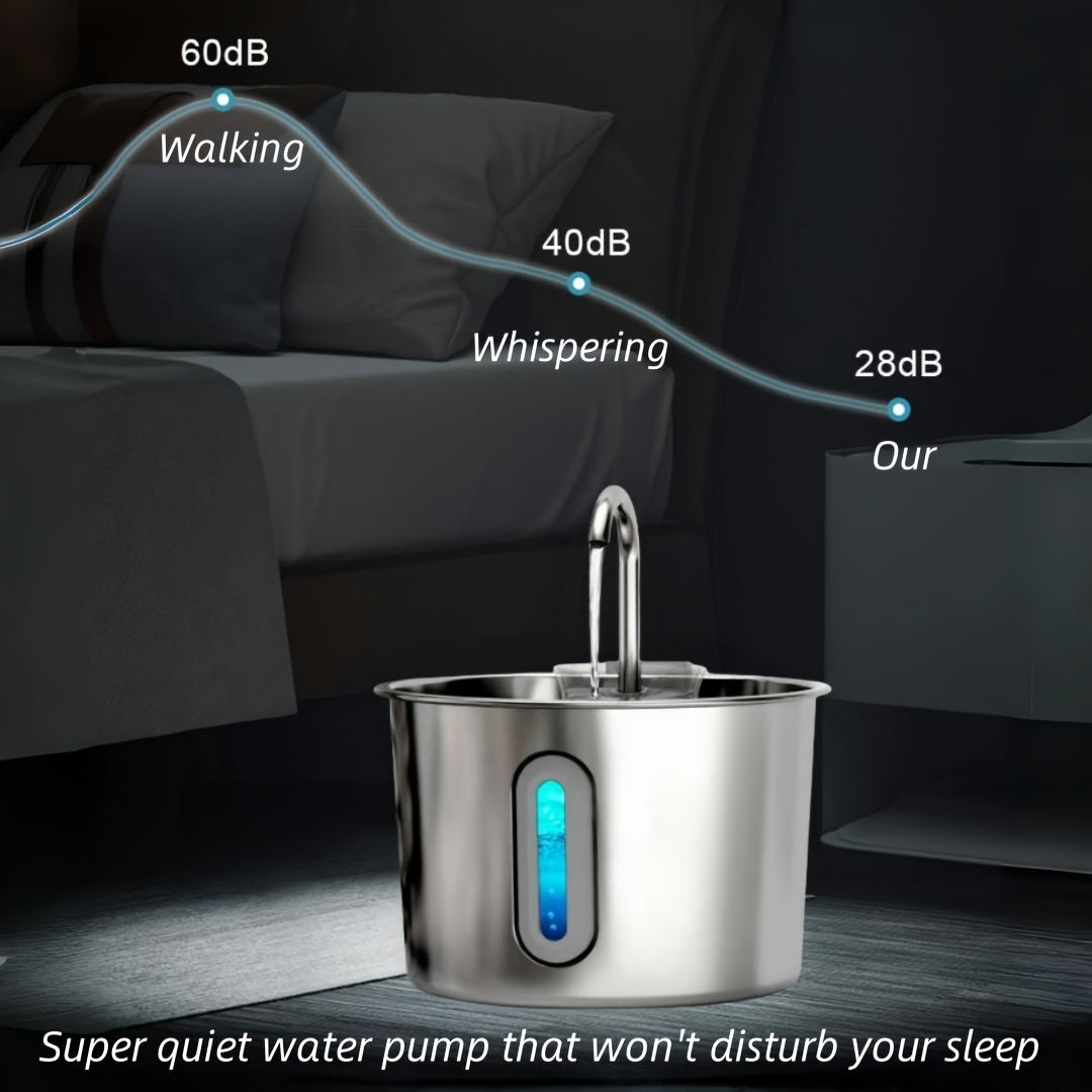 Cat Water Fountain with 3-Stage Filtration, 2.2L 304 Stainless Steel Pet Drinking Dispenser with Quiet USB Pump and Visible Water Level Window