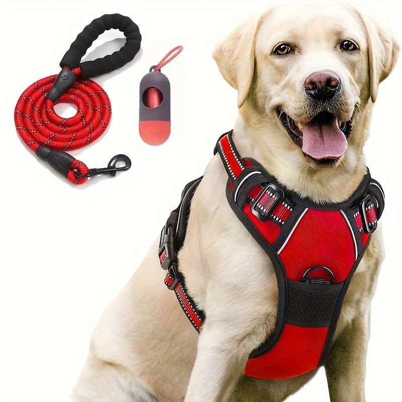 Dog Harness Set with Poop Bag Dispenser and Leash, Adjustable Reflective No-Pull Walking Gear in Black, Pink, Blue or Purple, S M L Options