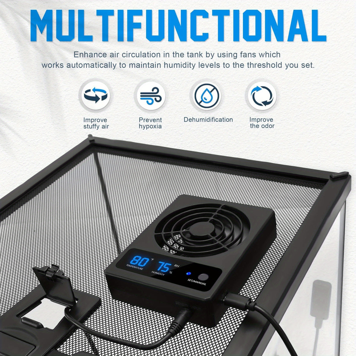 Reptile Climate Controller with Digital Thermometer and Hygrometer, Automatic Dehumidifying Ventilation Fan and High-Temperature Alarm for Terrariums