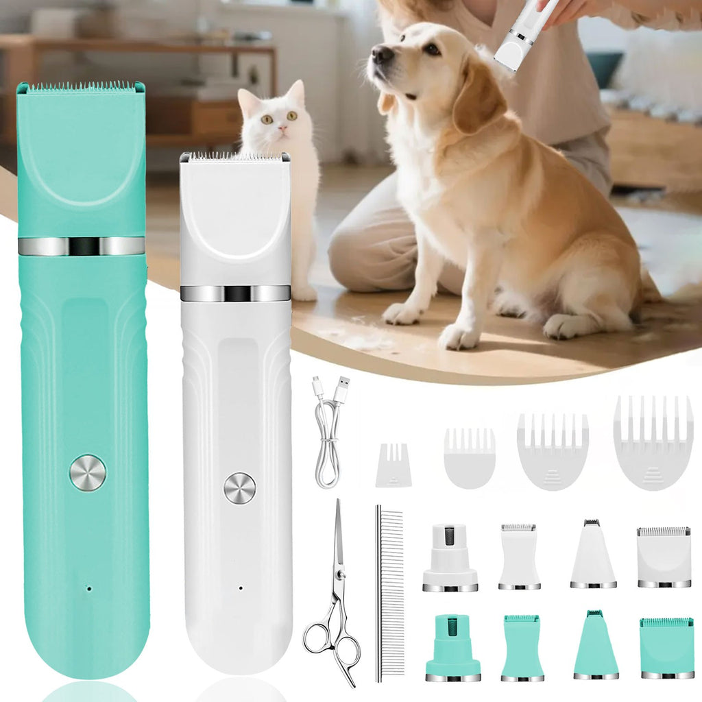 Dog Grooming Kit with Interchangeable Heads, USB Rechargeable Cordless Pet Hair Clipper with 4 Guide Combs, Steel Scissors and Comb for Home Trimming
