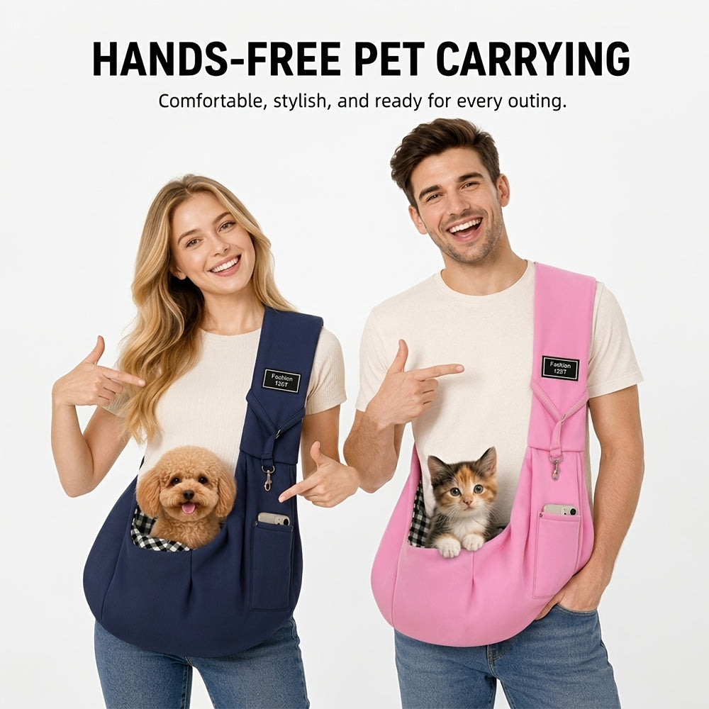 Reversible Dog Carrier Sling with Storage Pocket for 3-15 lb Small Dogs and Cats, Hands-Free Puppy Carrying Pouch in Pink or Blue for Outings
