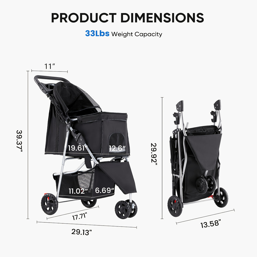 3-in-1 Pet Stroller in Black for Small and Medium Dogs and Cats, Lightweight Foldable Pushchair with Storage Basket and Cup Holder for Walks and Vet Visits