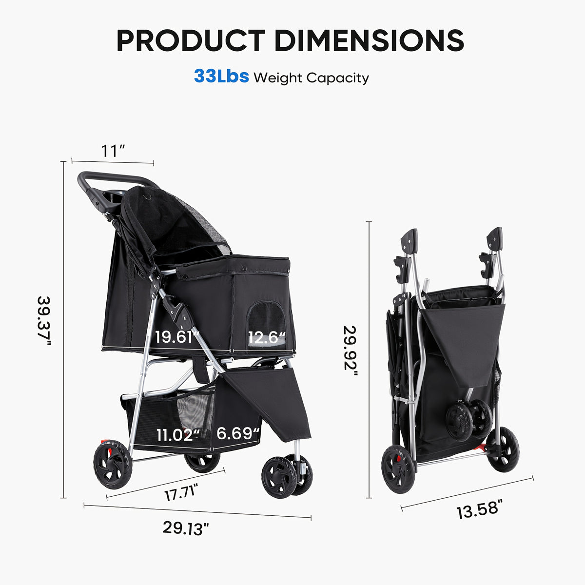 3-in-1 Pet Stroller in Black for Small and Medium Dogs and Cats, Lightweight Foldable Pushchair with Storage Basket and Cup Holder for Walks and Vet Visits