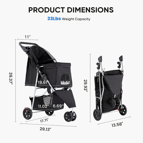3-in-1 Pet Stroller in Black for Small and Medium Dogs and Cats, Lightweight Foldable Pushchair with Storage Basket and Cup Holder for Walks and Vet Visits