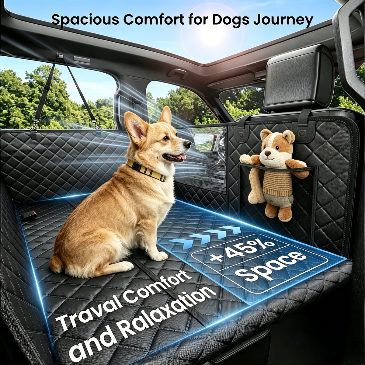 Back Seat Extender for Dogs with Hard Bottom, Black Quilted Car Seat Cover Hammock with Mesh Window and Storage Pockets for Compatible Cars, SUVs and Trucks