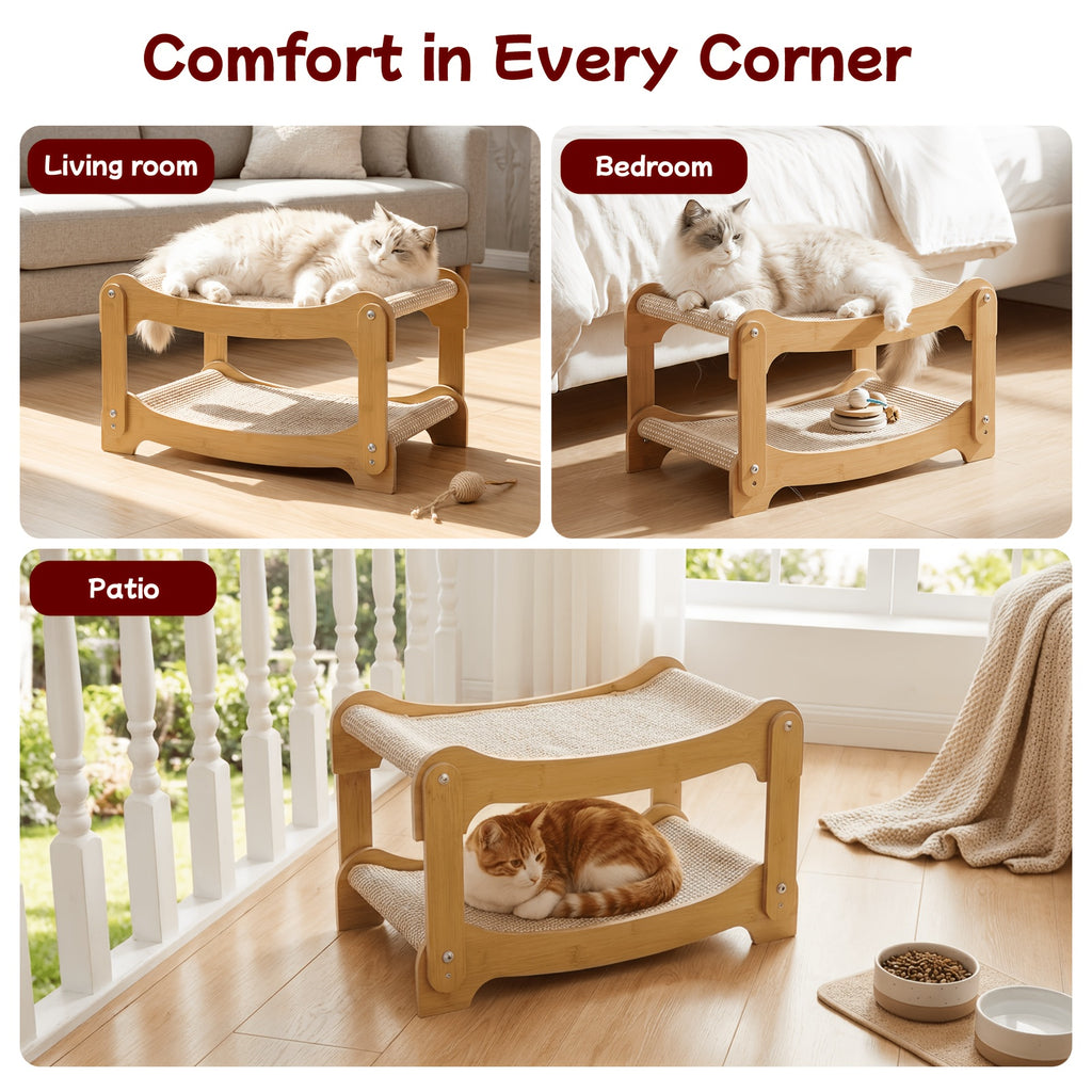 Cat Bunk Bed with Sisal Scratching Surfaces, Wooden Double-Decker Indoor Cat Lounger with Two Open Resting Levels, Large Size